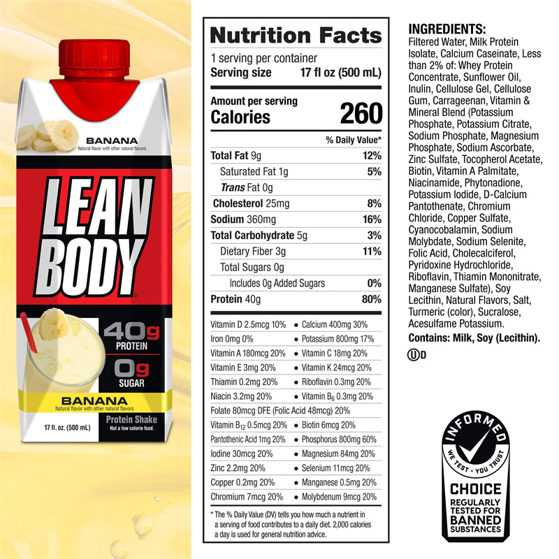 Lean Body Ready-to-Drink Protein Shake, 40g Protein, Whey Blend, 0 Sugar, 17 Ounce (Recyclable Carton & Lid - Pack of 12)