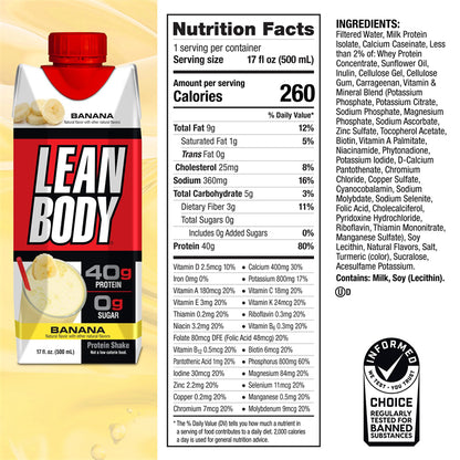 Lean Body Ready-to-Drink Protein Shake, 40g Protein, Whey Blend, 0 Sugar, 17 Ounce (Recyclable Carton & Lid - Pack of 12)