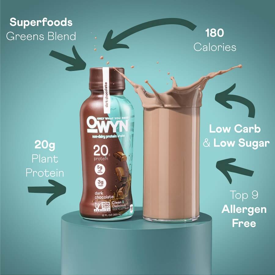 OWYN Only What You Need Plant Based Protein Shake, Dark Chocolate, 20g Vegan Protein from Organic Pumpkin seed, Flax, Pea Blend (12 Pack)