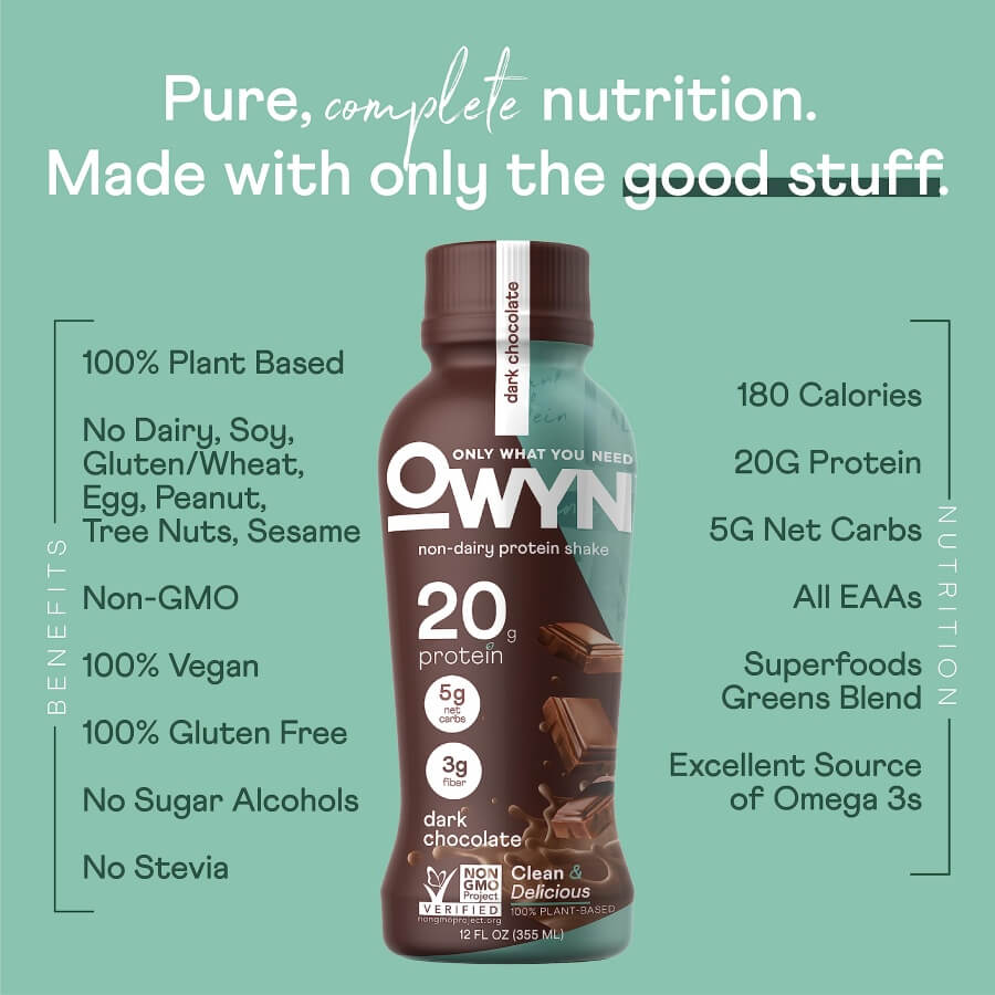 OWYN Only What You Need Plant Based Protein Shake, Dark Chocolate, 20g Vegan Protein from Organic Pumpkin seed, Flax, Pea Blend (12 Pack)